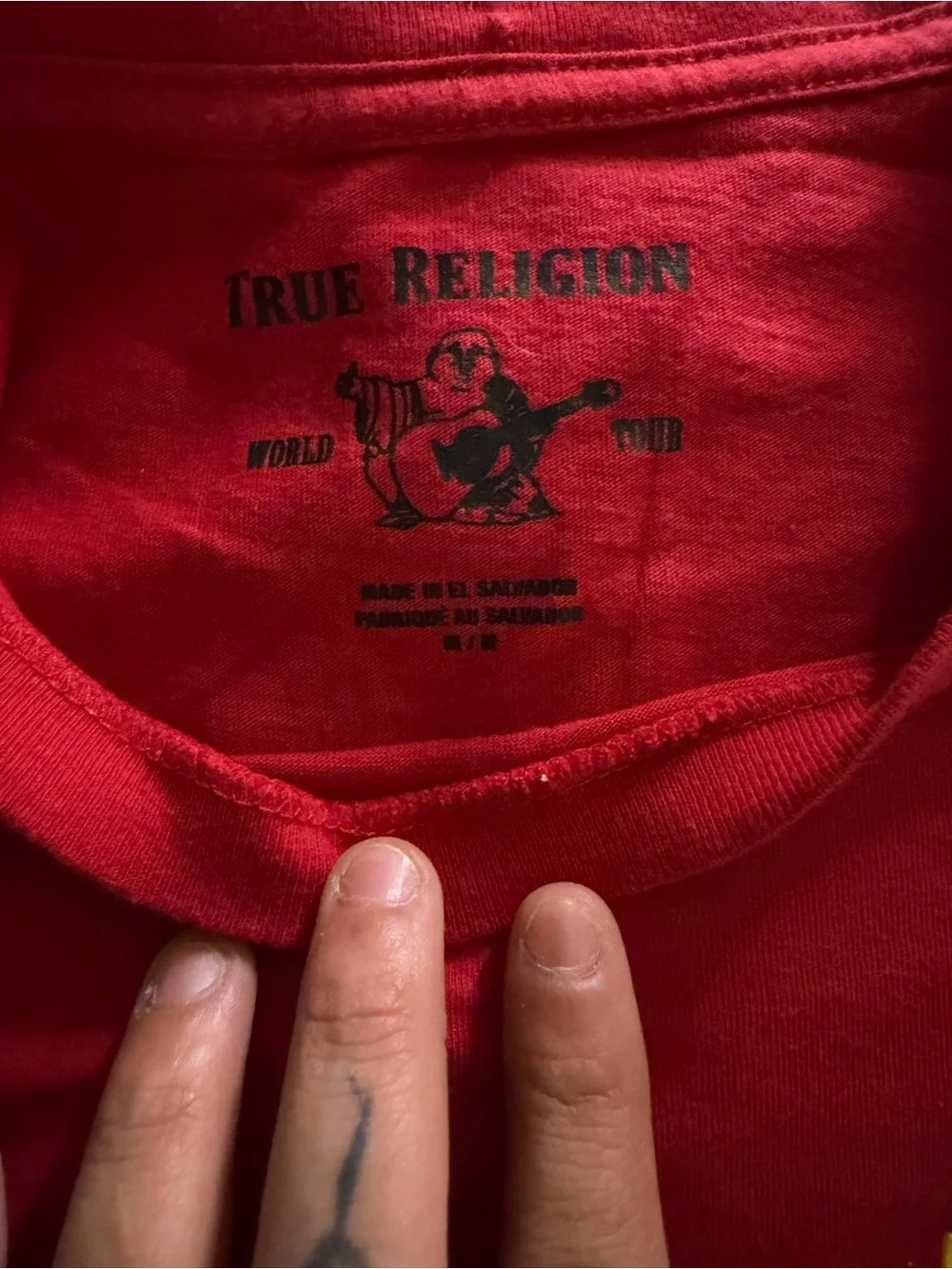 True Religion Red Short Sleeve Tee with Yellow & Blue Camo Horseshoe